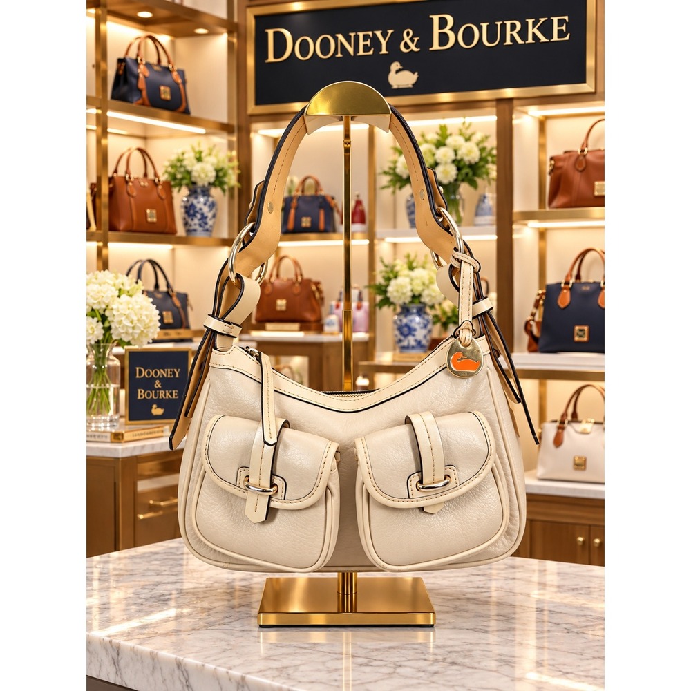 Dooney & Bourke Cream Pebbled Leather Hobo Shoulder Bag with Front Pockets